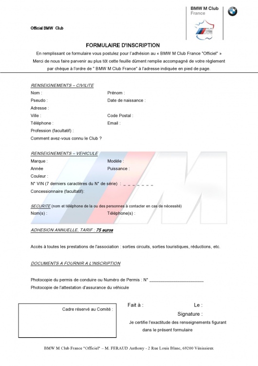 Formulaire d'adhesion Club M filigrane - BMW M Club France